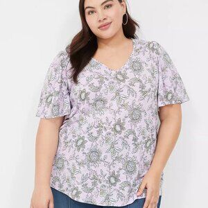 Lane Bryant Purple Floral Flutter-Sleeve V-Neck Top in Size 18/20 (2X)